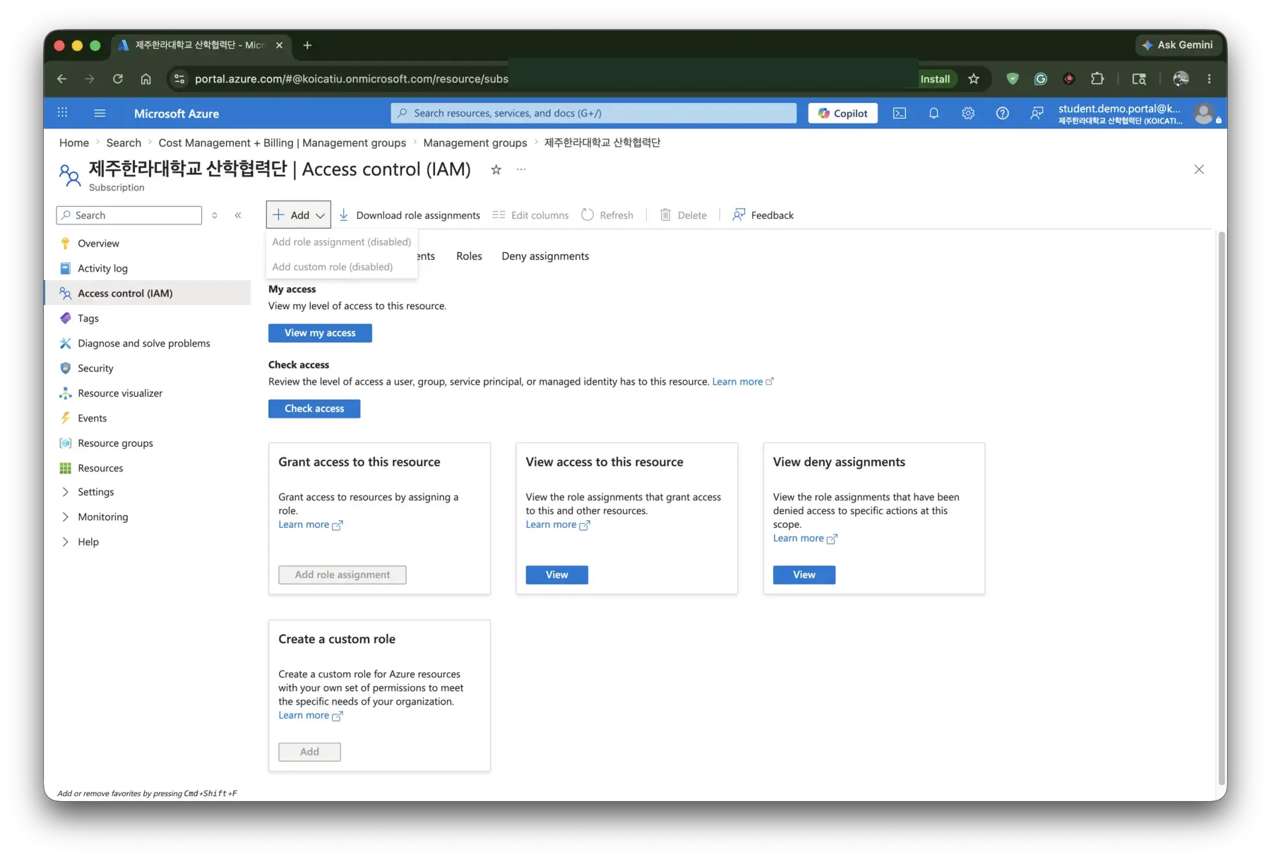Azure IAM screen where add role assignment is disabled for the demo student account.