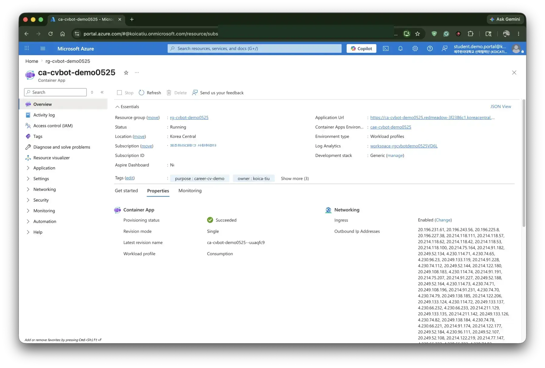 Azure Container App overview for ca-cvbot-demo0525 showing URL, status, and properties.