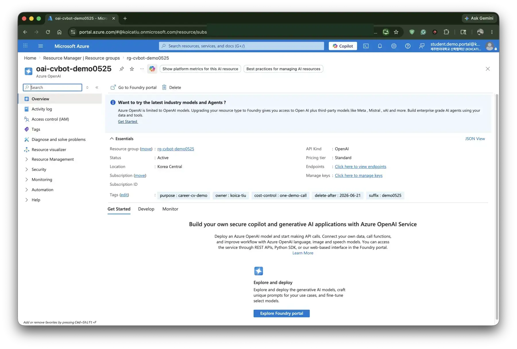 Azure OpenAI resource overview for oai-cvbot-demo0525.