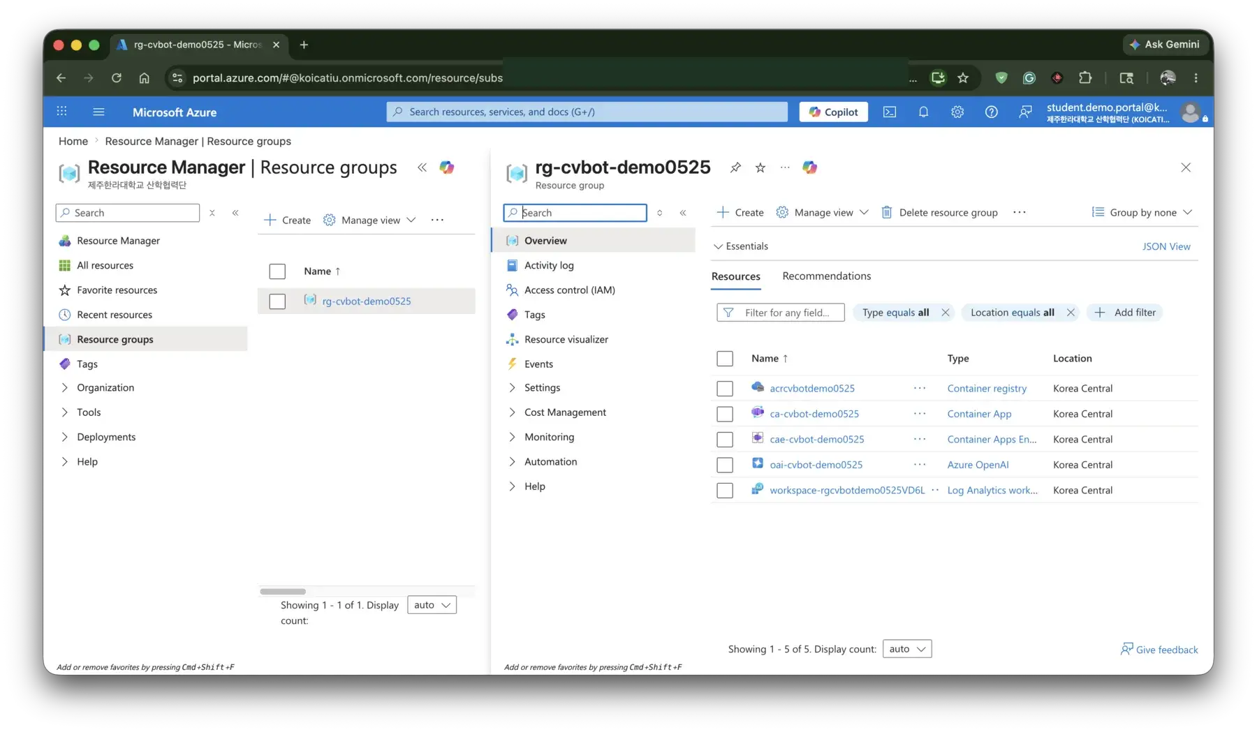 Azure resource group overview for rg-cvbot-demo0525 showing five assigned resources.