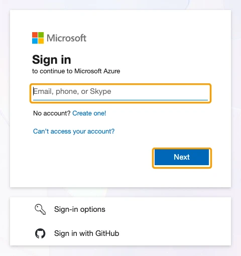 Microsoft Azure sign-in with an empty account field and Next highlighted.